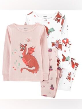 Carter's White and Light Pink Dragon & Princess Pajama Bundle 2T